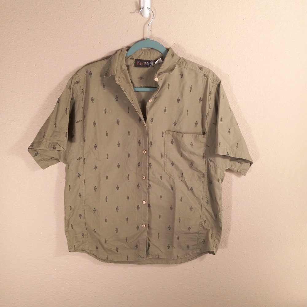 Pinot Noir‎ Mens Short Sleeve Button Down Shirt Olive Green Tribal Print Size M